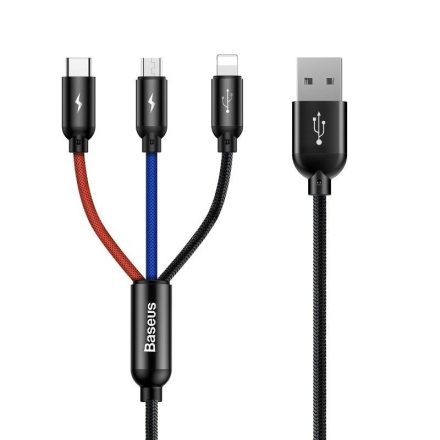 Baseus 3in1 Three Primary Colors USB - USB-C + micro + Lightning Kábel - 0,3m 3,5A - Fekete