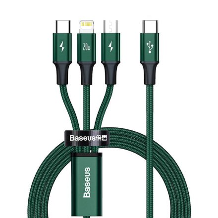 Baseus 3in1 Rapid USB-C - USB-C + micro + Lightning Kábel - 1,5m 3A - Zöld