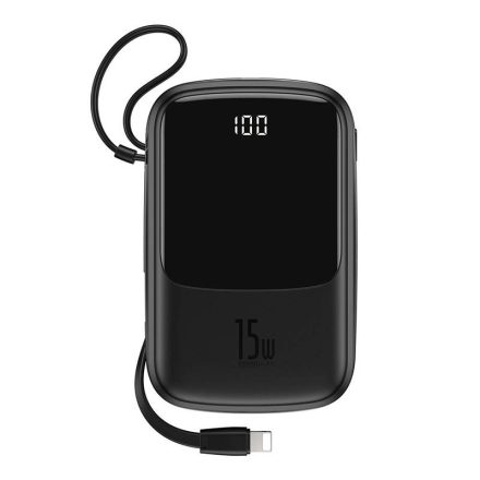 Baseus PowerBank 10000mAh 15W - Qpow Digital Display - 2x USB, 1x USB-C + iP kábel - Fekete