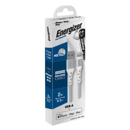 Energizer USB - Lightning Metal / Braided Nylon Kábel - 2m - Fehér