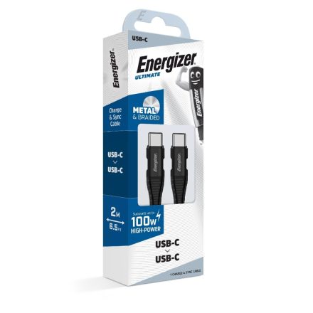 Energizer USB-C - USB-C Metal / Braided Nylon Kábel - 2m 100W - Fekete