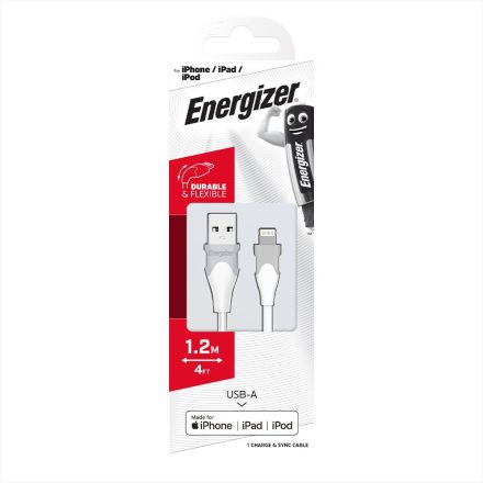 Energizer USB - Lightning Bicolor Kábel - 1,2m 2,4A - Fehér-Szürke
