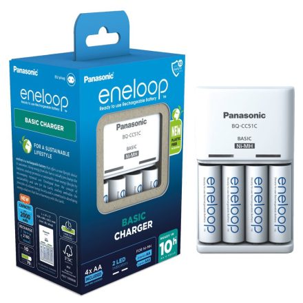 Panasonic Eneloop BQ-CC51 Töltő + 4 db AA 2000 mAh BK-3MCDE Akkumulátor