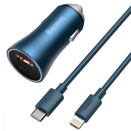 Baseus Golden Contactor Pro Autós Töltő 40W - USB + USB-C - QC4.0, PD, SCP + 1m USB-C - Lightning kábel - Kék