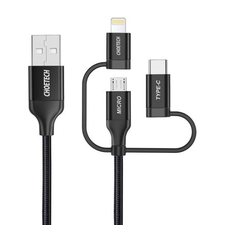 Choetech 3in1 USB-A - MFi Lightning + Micro + USB-C Kábel - 1.2m 3A - Fekete