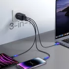 Joyroom TCG01 GaN Ultra Hálózati Töltő 65W - USB-A + 2x USB-C + 1.2m 100W USB-C Kábel