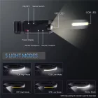 LED Fejlámpa - Újratölthető - USB-C 1200mAh Mozgásérzékelővel 350 lm - Fekete