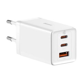 Baseus GaN5 Pro Hálózati Gyorstöltő - 2xUSB-C + USB + 1m C-C Kábel - 65W - Fehér   Baseus GaN5 Pro Hálózati Gyorstöltő - 2xUSB-C + USB + 1m C-C Kábel - 65W - Fehér