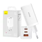 Baseus GaN5 Pro Hálózati Gyorstöltő - 2xUSB-C + USB + 1m C-C Kábel - 65W - Fehér