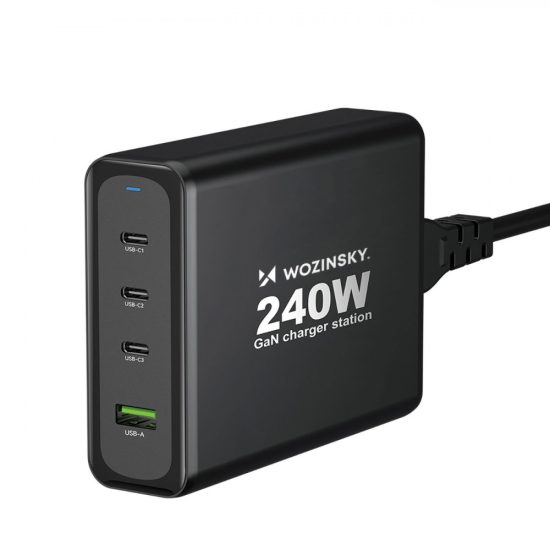 Wozinsky GaN Hálózati Töltő 240W - USB-A + 3x USB-C - Fekete