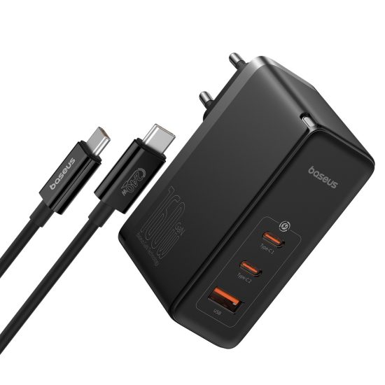 Baseus GaN5 Pro Hálózati Töltő 140W - 2x USB-C + USB-A + C-C Kábel - Fekete