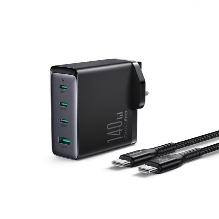 Joyroom GaN Hálózati Gyorstöltő UK 140W - 3xUSB-C + USB-A + C-C Kábel - Fekete