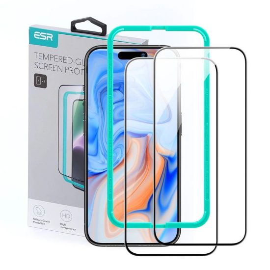 iPhone 15 Kijelzővédő Üvegfólia - ESR Tempered Glass - Fekete x 2 db