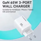 Wozinsky GaN Hálózati Töltő 65W - USB-A + 2x USB-C - Fehér