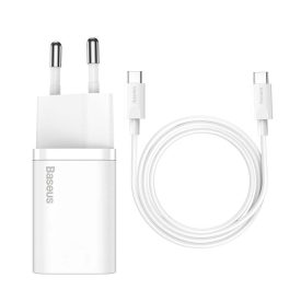 Baseus Super Si Hálózati Gyorstöltő 25W - USB-C + 1m USB-C-USB-C Kábel - Fehér   Baseus Super Si Hálózati Gyorstöltő 25W - USB-C + 1m USB-C-USB-C Kábel - Fehér
