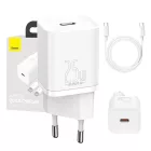 Baseus Super Si Hálózati Gyorstöltő 25W - USB-C + 1m USB-C-USB-C Kábel - Fehér
