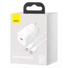 Baseus Super Si Hálózati Gyorstöltő 25W - USB-C + 1m USB-C-USB-C Kábel - Fehér