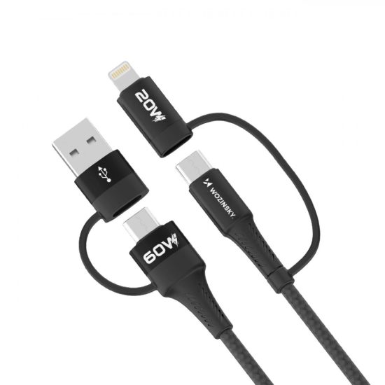 Wozinsky 4in1 2x USB-C + 1x USB-A + 1x Lightning Kábel - 1m 3A 60W - Fekete