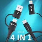 Wozinsky 4in1 2x USB-C + 1x USB-A + 1x Lightning Kábel - 1m 3A 60W - Fekete