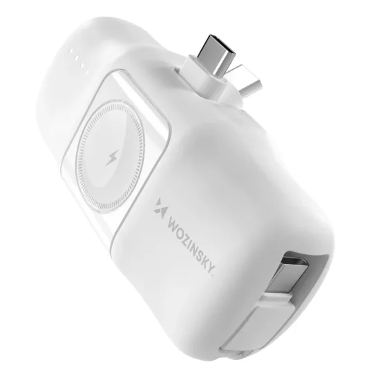 Wozinsky WF16-YCS Power Bank - 5000mAh 15W - Beépített USB-C Kábellel és Apple Watch Töltővel - Fehér