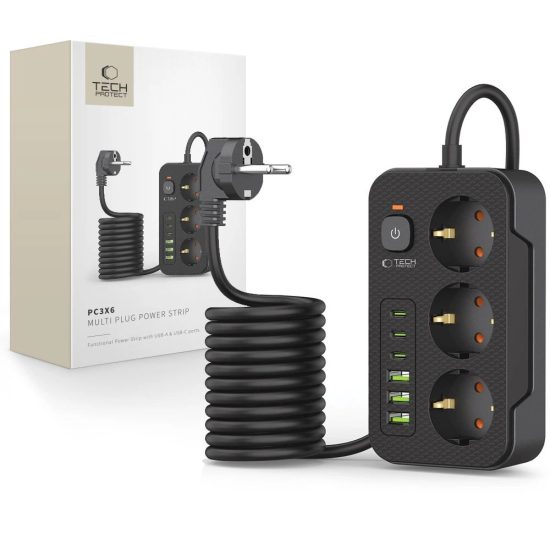 Tech-Protect PC3X6 Hosszabbító Elosztó - 3x AC + 3x USB-A + 3x USB-C 2m - Fekete