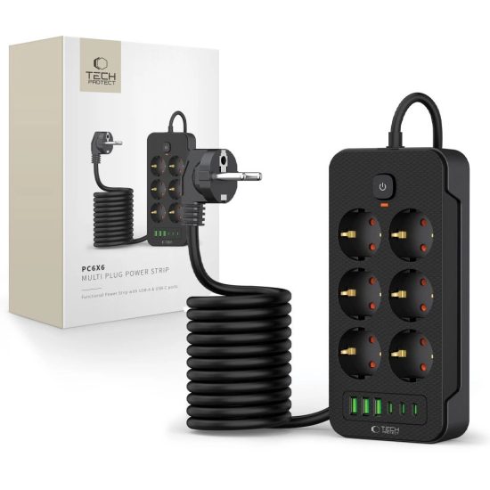 Tech-Protect PC6X6 Hosszabbító Elosztó - 6x AC + 3x USB-A + 3x USB-C 2m - Fekete