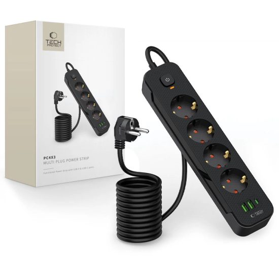 Tech-Protect PCL4X3 Hosszabbító Elosztó - 4x AC + 2x USB-A + 1x USB-C 2m - Fekete