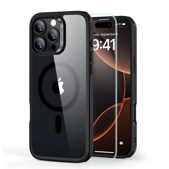 iPhone 16 Pro Tok és Kijelzővédő Szett - ESR Classic Hybrid Halolock - Átlátszó-Fekete