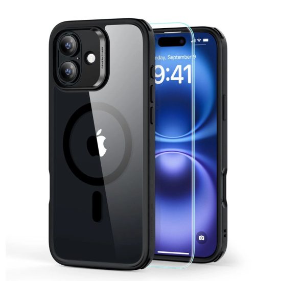 iPhone 16 Plus Tok és Kijelzővédő Szett - ESR Classic Hybrid Halolock - Átlátszó-Fekete