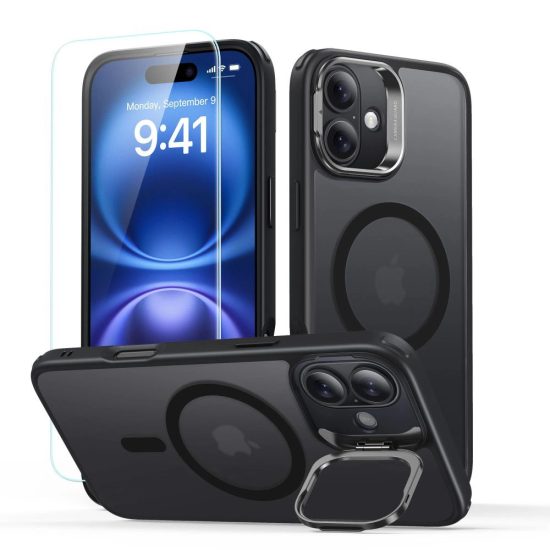 iPhone 16 Tok és Kijelzővédő Szett - ESR Classic Hybrid Kickstand Halolock - Áttetsző-Fekete