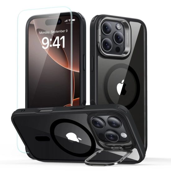 iPhone 16 Pro Tok és Kijelzővédő Szett - ESR Classic Hybrid Kickstand Halolock - Átlátszó-Fekete