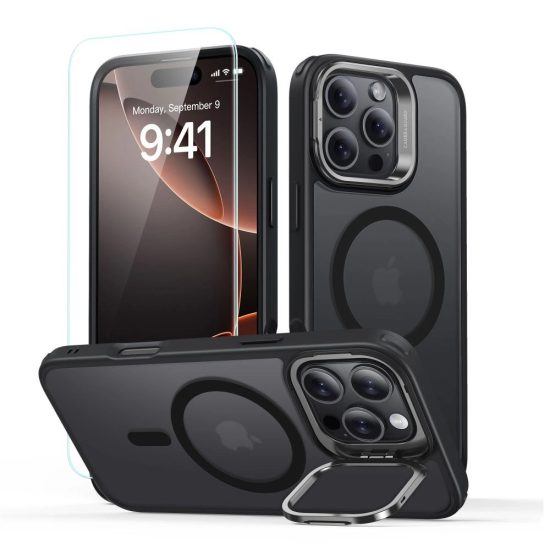 iPhone 16 Pro Tok és Kijelzővédő Szett - ESR Classic Hybrid Kickstand Halolock - Áttetsző-Fekete