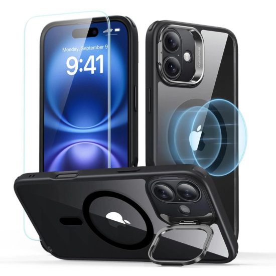 iPhone 16 Plus Tok és Kijelzővédő Szett - ESR Classic Hybrid Kickstand Halolock - Átlátszó-Fekete