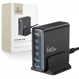   Tech-protect DC140W-GAN Hálózati Töltőállomás 140W - 3x USB-C + 2x USB-A - Fekete