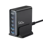Tech-protect DC140W-GAN Hálózati Töltőállomás 140W - 3x USB-C + 2x USB-A - Fekete