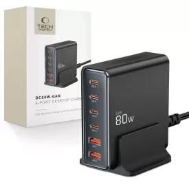   Tech-protect DC80W-GAN Hálózati Töltőállomás 80W - 4x USB-C + 2x USB-A - Fekete