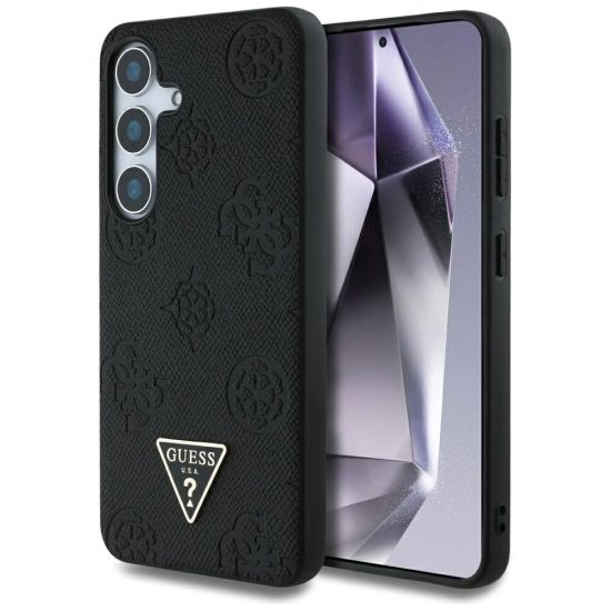 Samsung Galaxy S25 Tok - Guess Grained Hot Stamp Peony Pattern Triangle Logo MagSafe - Fekete
