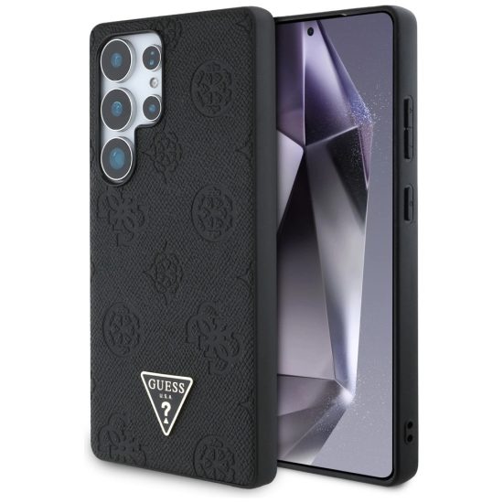 Samsung Galaxy S25 Ultra Tok - Guess Grained Hot Stamp Peony Pattern Triangle Logo MagSafe - Fekete