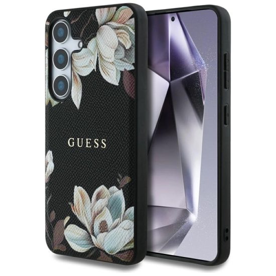 Samsung Galaxy S25 Tok - Guess Grained Printed Flower Pattern MagSafe - Fekete