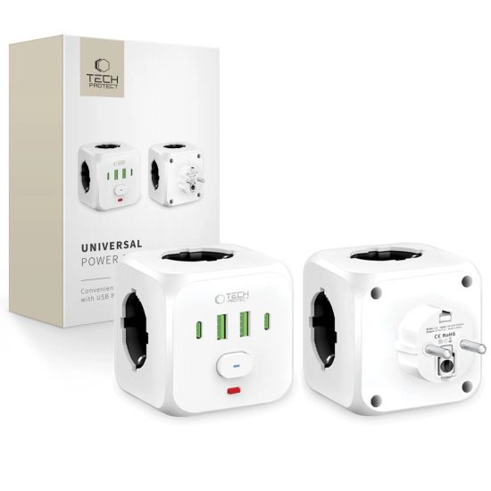 Tech-Protect PCL3x4 Hálózati Elosztó - 3x AC + 2x USB-A + 2x USB-C - Fehér