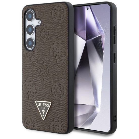 Samsung Galaxy S25 Tok - Guess Grained Hot Stamp Peony Pattern Triangle Logo MagSafe - Barna