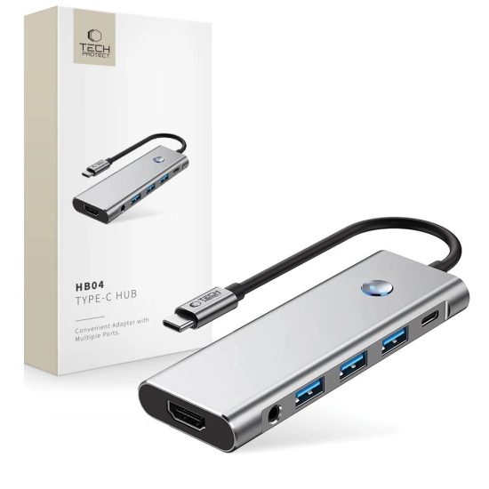 Tech-Protect HB04 9in1 USB-C HUB Adapter - USB2.0 + USB3.0 + HDMI 4K 60Hz + SD / TF + PD100W + AV3.5