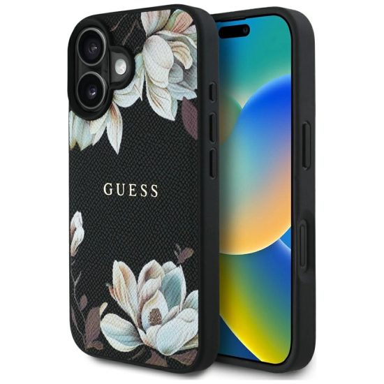 iPhone 16 Tok - Guess Grained Printed Flower Pattern MagSafe - Fekete