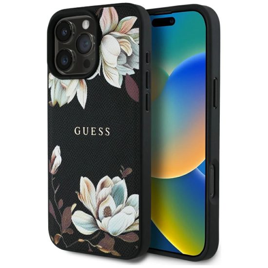 iPhone 16 Pro Tok - Guess Grained Printed Flower Pattern MagSafe - Fekete