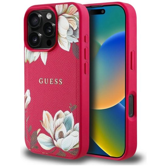 iPhone 16 Pro Max Tok - Guess Grained Printed Flower Pattern MagSafe - Fukszia