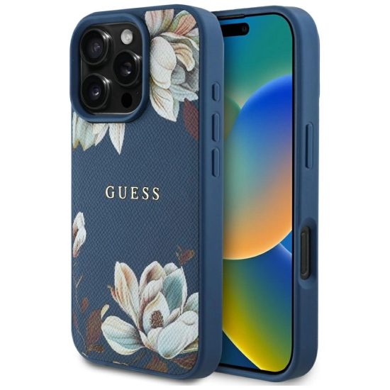 iPhone 16 Pro Max Tok - Guess Grained Printed Flower Pattern MagSafe - Kék