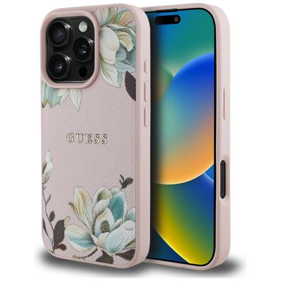 iPhone 16 Pro Max Tok - Guess Grained Printed Flower Pattern MagSafe - Pink