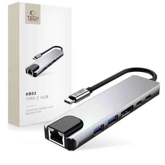 Tech-Protect HB02 6in1 USB-C HUB Adapter - 2x USB-A + 2x USB-C + HDMI 4K 30Hz + RJ45