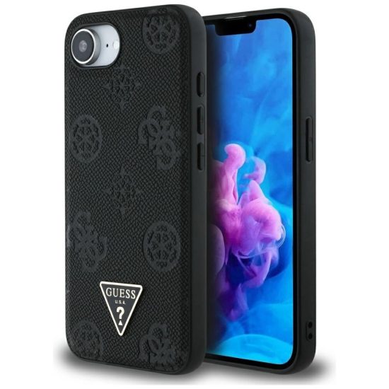 iPhone 16e Tok - Guess Grained Hot Stamp Peony Triangle Logo MagSafe - Fekete