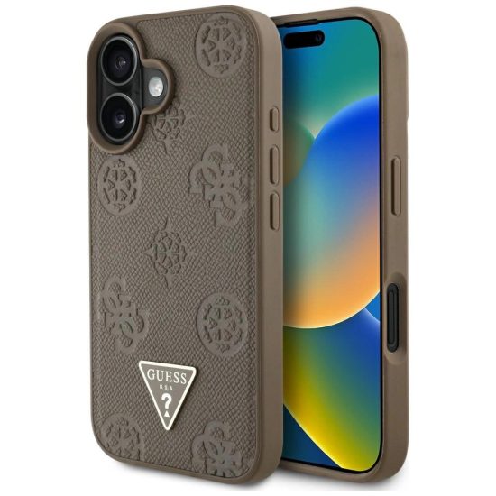 iPhone 16 Tok - Guess Grained Hot Stamp Peony Triangle Logo MagSafe - Barna